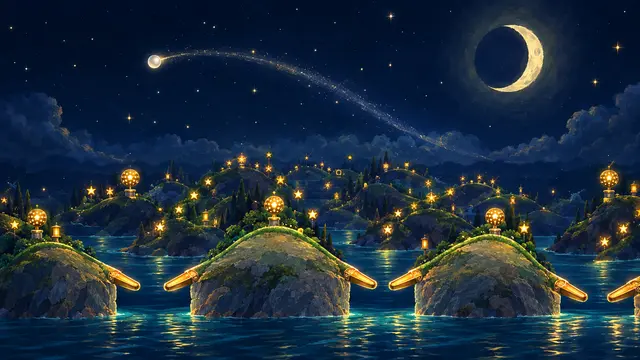 A pearl flies over moonlit islands with gold flippers