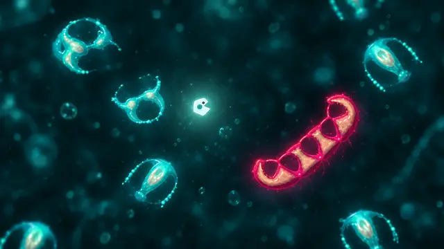 Glowing Orbium creatures and a red hunter in a living dish