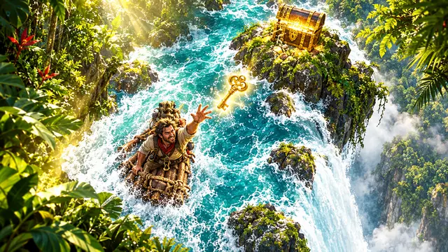A jungle raft racing through turquoise rapids toward a golden key